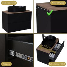 HD Zyra Pro Black 60 fali mosdószekrény, push-to-open mechanizmussal, tölgyfa színű mosdópulttal