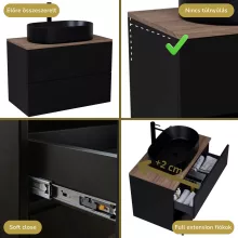 HD Zyra Pro Black 60 fali mosdószekrény, push-to-open mechanizmussal, tölgyfa színű mosdópulttal