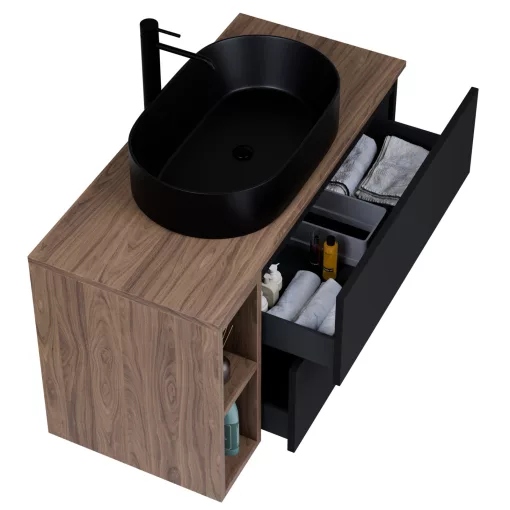 HD Zyra Pro+ Black 80 fali mosdószekrény, push-to-open mechanizmussal, oak mosdópulttal és kiegészítő oak fali modullal