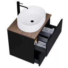 HD Zyra Pro Black 60 komplett fürdőszoba bútor fali push-to-open mosdószekrénnyel, tölgyfa színű mosdópulttal és tükörrel