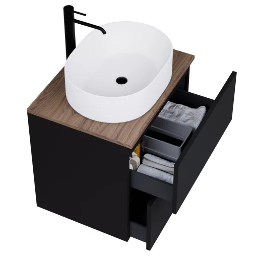 HD Zyra Pro Black 60 komplett fürdőszoba bútor fali push-to-open mosdószekrénnyel, tölgyfa színű mosdópulttal és tükörrel