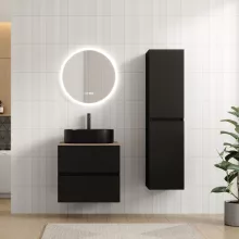 HD Zyra Pro Black 60 komplett fürdőszoba bútor fali push-to-open mosdószekrénnyel, tölgyfa színű mosdópulttal és tükörrel