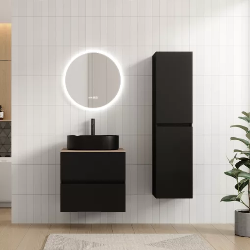 HD Zyra Pro Black 60 komplett fürdőszoba bútor fali push-to-open mosdószekrénnyel, tölgyfa színű mosdópulttal és tükörrel