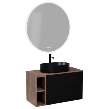 HD Zyra Pro+ Black 80 komplett fürdőszoba bútor fali push-to-open mosdószekrénnyel, oak mosdópulttal, kiegészítő oak fali modullal és tükörrel