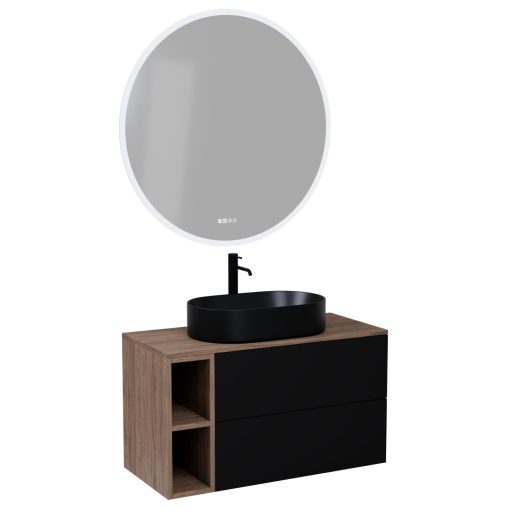 HD Zyra Pro+ Black 80 komplett fürdőszoba bútor fali push-to-open mosdószekrénnyel, oak mosdópulttal, kiegészítő oak fali modullal és tükörrel