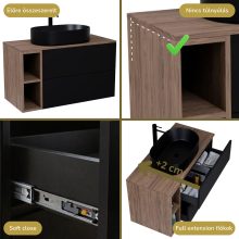 HD Zyra Pro+ Black 80 komplett fürdőszoba bútor fali push-to-open mosdószekrénnyel, oak mosdópulttal, kiegészítő oak fali modullal és tükörrel