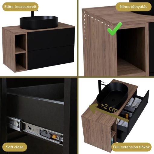 HD Zyra Pro+ Black 80 komplett fürdőszoba bútor fali push-to-open mosdószekrénnyel, oak mosdópulttal, kiegészítő oak fali modullal és tükörrel