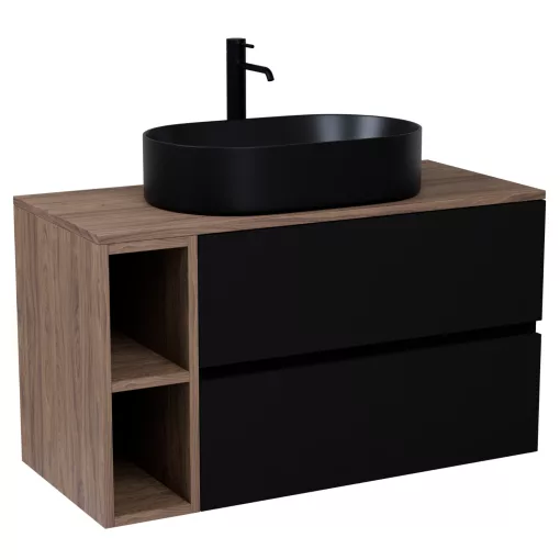 HD Zyra+ Black 80/100 komplett fürdőszoba bútor fali mosdószekrénnyel, oak mosdópulttal, kiegészítő oak fali modullal és tükörrel