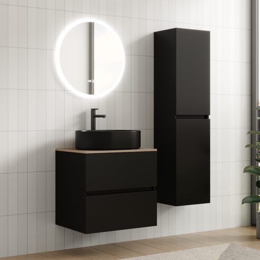 HD Zyra Black 60 komplett fürdőszoba bútor fali mosdószekrénnyel, tölgyfa színű mosdópulttal és tükörrel