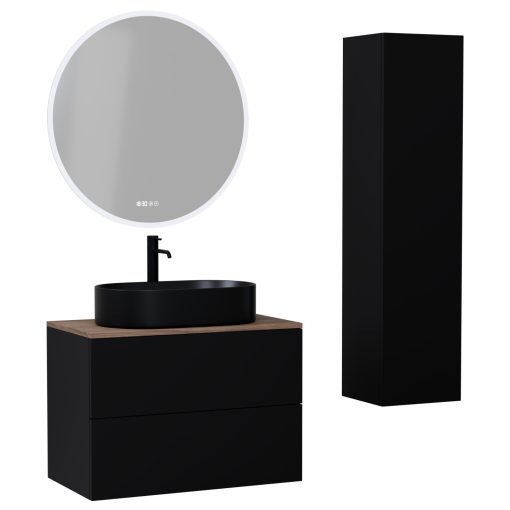 HD Zyra Pro Black 60 komplett fürdőszoba bútor szett fali push-to-open mosdószekrénnyel, tölgyfa színű mosdópulttal, tükörrel és magasszekrénnyel