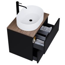 HD Zyra Pro Black 60 komplett fürdőszoba bútor szett fali push-to-open mosdószekrénnyel, tölgyfa színű mosdópulttal, tükörrel és magasszekrénnyel