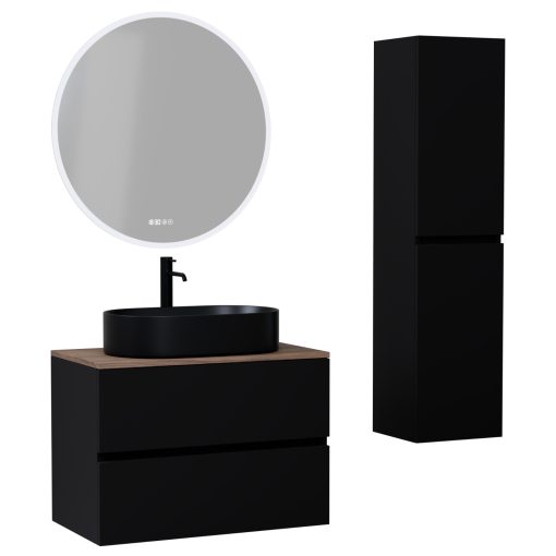 HD Zyra Black 60 komplett fürdőszoba bútor szett fali mosdószekrénnyel, tölgyfa színű mosdópulttal, tükörrel és magasszekrénnyel