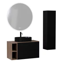 HD Zyra Pro+ Black 80 komplett fürdőszoba bútor szett fali push-to-open mosdószekrénnyel, oak mosdópulttal, kiegészítő oak fali modullal, tükörrel és magasszekrénnyel