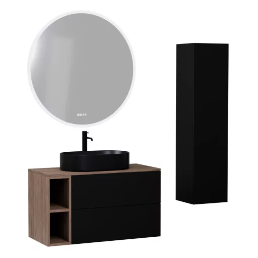 HD Zyra Pro+ Black 80 komplett fürdőszoba bútor szett fali push-to-open mosdószekrénnyel, oak mosdópulttal, kiegészítő oak fali modullal, tükörrel és magasszekrénnyel