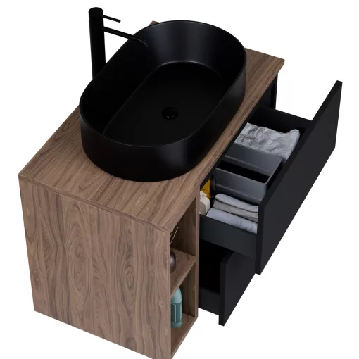 HD Zyra Pro+ Black 80 komplett fürdőszoba bútor szett fali push-to-open mosdószekrénnyel, oak mosdópulttal, kiegészítő oak fali modullal, tükörrel és magasszekrénnyel