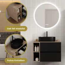 HD Zyra Pro+ Black 80 komplett fürdőszoba bútor szett fali push-to-open mosdószekrénnyel, oak mosdópulttal, kiegészítő oak fali modullal, tükörrel és magasszekrénnyel