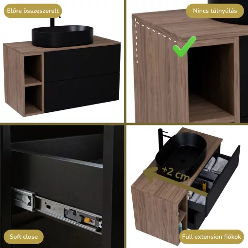 HD Zyra Pro+ Black 80 komplett fürdőszoba bútor szett fali push-to-open mosdószekrénnyel, oak mosdópulttal, kiegészítő oak fali modullal, tükörrel és magasszekrénnyel
