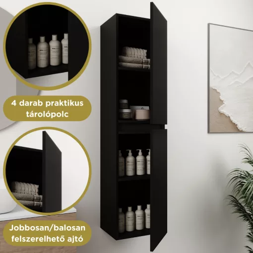 HD Zyra Pro+ Black 80 komplett fürdőszoba bútor szett fali push-to-open mosdószekrénnyel, oak mosdópulttal, kiegészítő oak fali modullal, tükörrel és magasszekrénnyel