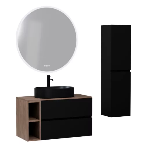 HD Zyra+ Black 80/100 komplett fürdőszoba bútor szett fali mosdószekrénnyel, oak mosdópulttal, kiegészítő oak fali modullal, tükörrel és magasszekrénnyel