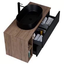 HD Zyra+ Black 80/100 komplett fürdőszoba bútor szett fali mosdószekrénnyel, oak mosdópulttal, kiegészítő oak fali modullal, tükörrel és magasszekrénnyel