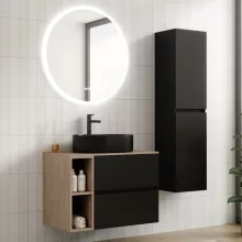 HD Zyra+ Black 80/100 komplett fürdőszoba bútor szett fali mosdószekrénnyel, oak mosdópulttal, kiegészítő oak fali modullal, tükörrel és magasszekrénnyel