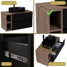 HD Zyra+ Black 80/100 komplett fürdőszoba bútor szett fali mosdószekrénnyel, oak mosdópulttal, kiegészítő oak fali modullal, tükörrel és magasszekrénnyel