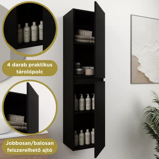 HD Zyra+ Black 80/100 komplett fürdőszoba bútor szett fali mosdószekrénnyel, oak mosdópulttal, kiegészítő oak fali modullal, tükörrel és magasszekrénnyel