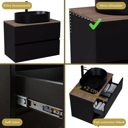 HD Zyra Black 60 komplett fürdőszoba bútor szett fali mosdószekrénnyel, tölgyfa színű mosdópulttal, tükörrel és magasszekrénnyel