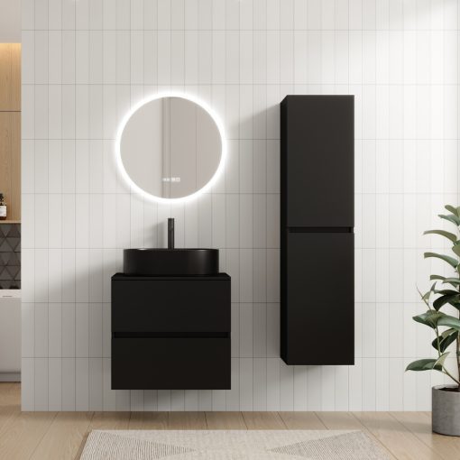 HD Zyra Pro Black 60 komplett fürdőszoba bútor fali push-to-open mosdószekrénnyel, fekete mosdópulttal és tükörrel