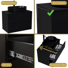 HD Zyra Pro Black 60 komplett fürdőszoba bútor fali push-to-open mosdószekrénnyel, fekete mosdópulttal és tükörrel