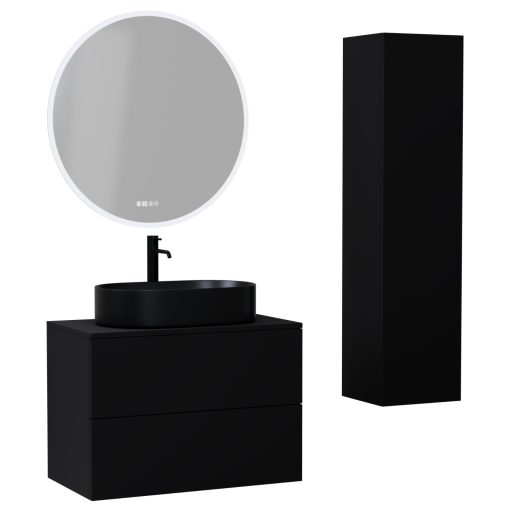 HD Zyra Pro Black 60 komplett fürdőszoba bútor szett fali push-to-open mosdószekrénnyel, fekete mosdópulttal, tükörrel és magasszekrénnyel