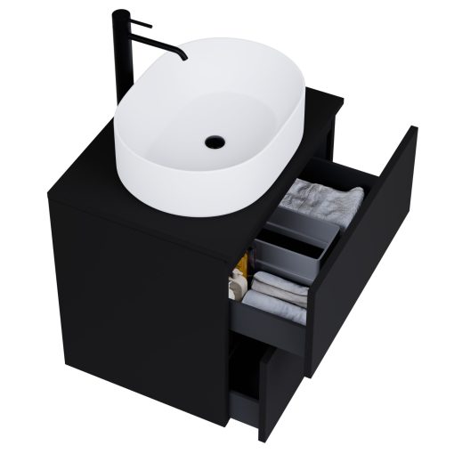 HD Zyra Pro Black 60 komplett fürdőszoba bútor szett fali push-to-open mosdószekrénnyel, fekete mosdópulttal, tükörrel és magasszekrénnyel