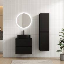 HD Zyra Pro Black 60 komplett fürdőszoba bútor szett fali push-to-open mosdószekrénnyel, fekete mosdópulttal, tükörrel és magasszekrénnyel