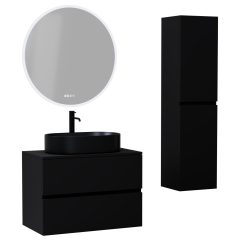  HD Zyra Black 60/80/100/120 komplett fürdőszoba bútor szett fali mosdószekrénnyel, fekete mosdópulttal, tükörrel és magasszekrénnyel