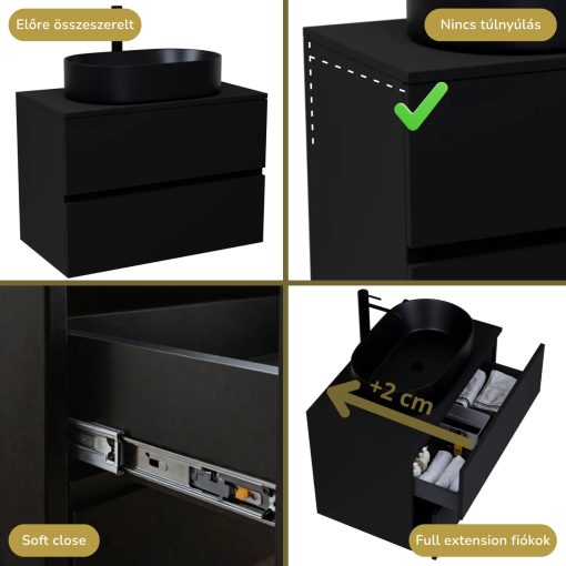 HD Zyra Black 60/80/100/120 komplett fürdőszoba bútor szett fali mosdószekrénnyel, fekete mosdópulttal, tükörrel és magasszekrénnyel