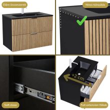 HD Parma Matt Black 60 fali mosdószekrény matt fehér fogantyúkkal és matt fekete slim mosdóval