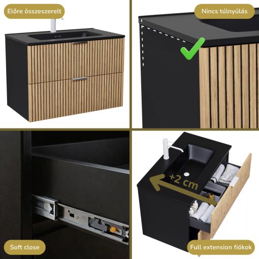 HD Parma Matt Black 60 fali mosdószekrény matt fehér fogantyúkkal és matt fekete slim mosdóval