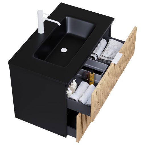 HD Parma Matt Black 60 komplett fürdőszoba bútor fali mosdószekrénnyel, matt fehér fogantyúkkal, matt fekete slim mosdóval és tükörrel