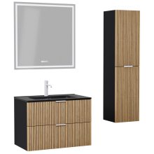 HD Parma Matt Black 60 komplett fürdőszoba bútor szett fali mosdószekrénnyel, matt fehér fogantyúkkal, matt fekete slim mosdóval, tükörrel és magasszekrénnyel