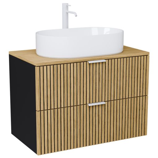 HD Palma Black 60 komplett fürdőszoba bútor szett fali mosdószekrénnyel, hikoridió színű mosdópulttal, matt fehér fogantyúkkal, tükörrel és magasszekrénnyel