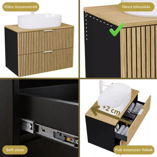 HD Palma Black 60 komplett fürdőszoba bútor szett fali mosdószekrénnyel, hikoridió színű mosdópulttal, matt fehér fogantyúkkal, tükörrel és magasszekrénnyel
