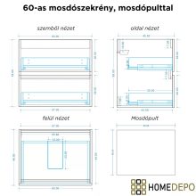 HD Palma Black 60 komplett fürdőszoba bútor szett fali mosdószekrénnyel, hikoridió színű mosdópulttal, matt fehér fogantyúkkal, tükörrel és magasszekrénnyel