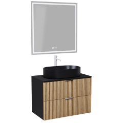   HD Palma Black 60 komplett fürdőszoba bútor fali mosdószekrénnyel, matt fekete mosdópulttal, matt fehér fogantyúkkal és tükörrel