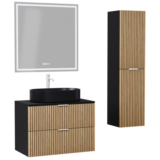HD Palma Black 60 komplett fürdőszoba bútor szett fali mosdószekrénnyel, matt fekete mosdópulttal, matt fehér fogantyúkkal, tükörrel és magasszekrénnyel
