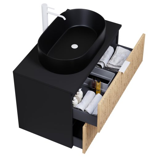 HD Palma Black 60 komplett fürdőszoba bútor szett fali mosdószekrénnyel, matt fekete mosdópulttal, matt fehér fogantyúkkal, tükörrel és magasszekrénnyel