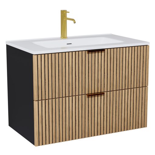 HD Parma Matt Black 60 komplett fürdőszoba bútor fali mosdószekrénnyel, szálcsiszolt arany fogantyúkkal, fényes fehér slim mosdóval és tükörrel