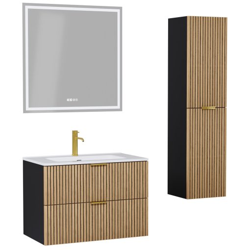 HD Parma Matt Black 60 komplett fürdőszoba bútor szett fali mosdószekrénnyel, szálcsiszolt arany fogantyúkkal, fényes fehér slim mosdóval, tükörrel és magasszekrénnyel