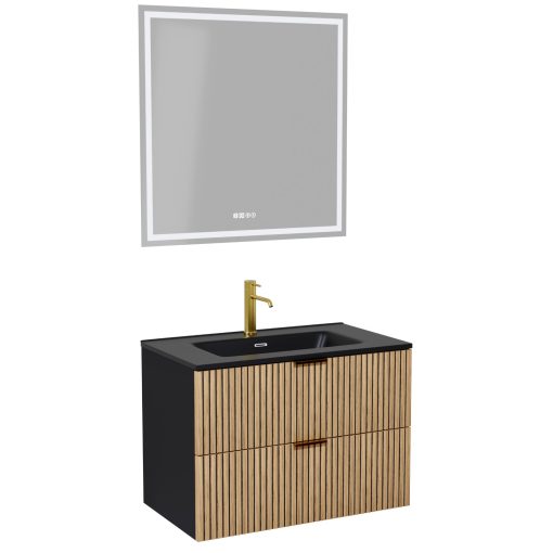 HD Parma Matt Black 60 komplett fürdőszoba bútor fali mosdószekrénnyel, szálcsiszolt arany fogantyúkkal, matt fekete slim mosdóval és tükörrel