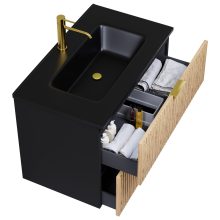 HD Parma Matt Black 60 komplett fürdőszoba bútor fali mosdószekrénnyel, szálcsiszolt arany fogantyúkkal, matt fekete slim mosdóval és tükörrel