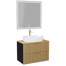 HD Palma Black 60 komplett fürdőszoba bútor fali mosdószekrénnyel, hikoridió színű mosdópulttal, szálcsiszolt arany fogantyúkkal és tükörrel